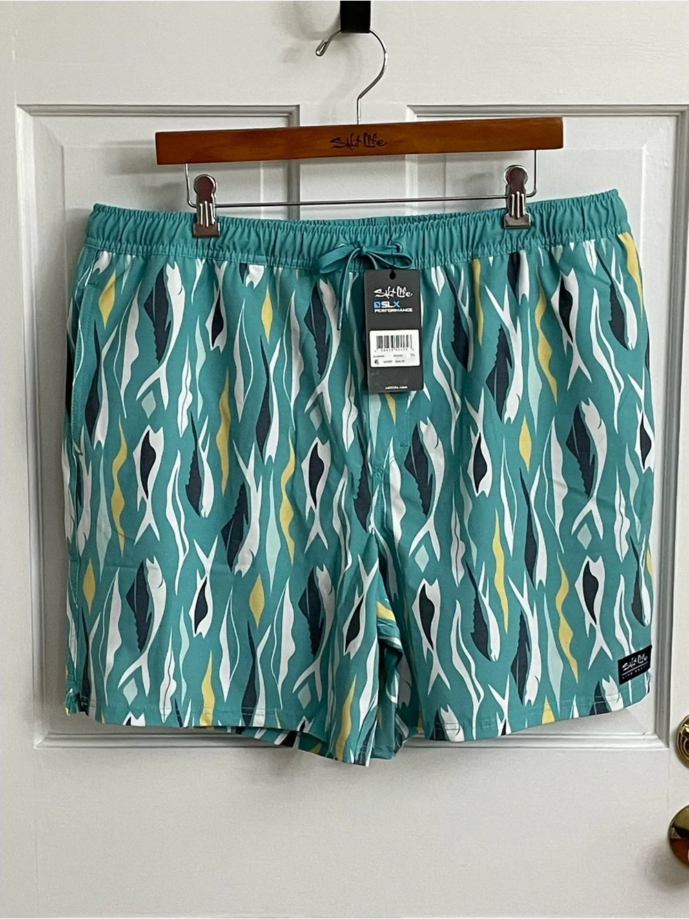 Salt Life Men’s Teal Patterned Swim Trunks with Yellow & Navy Accents